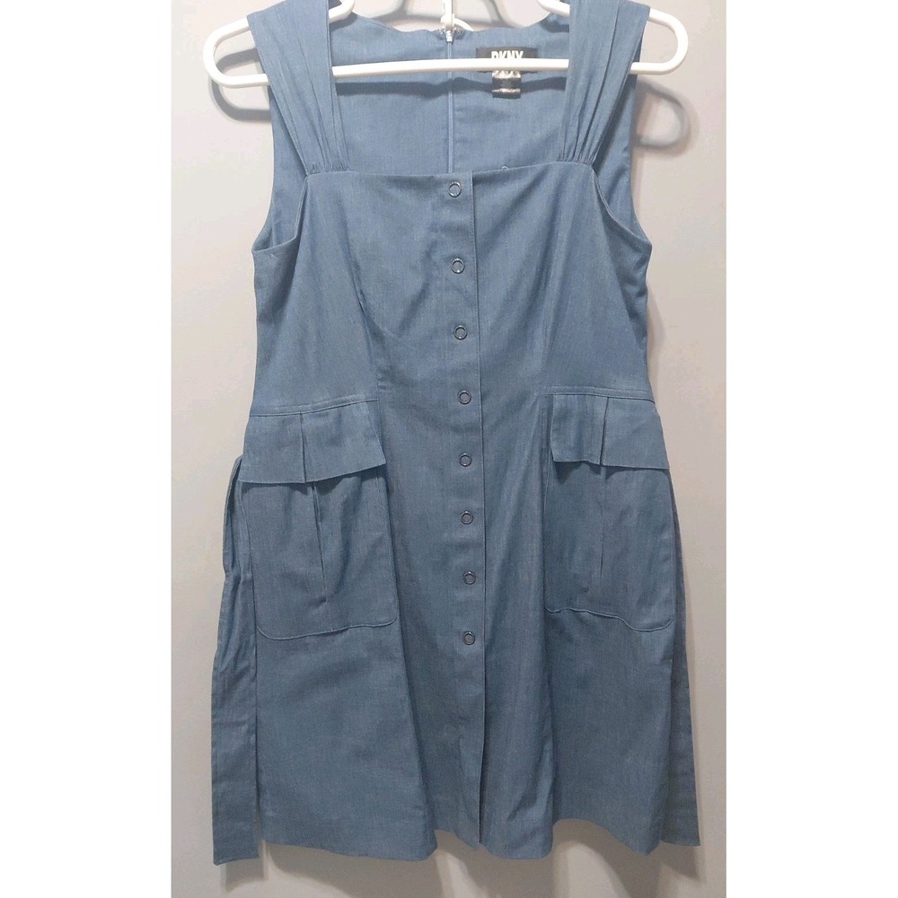 DKNY Denim Dress Womens 14 Faux Button Front Waist Tie Pockets